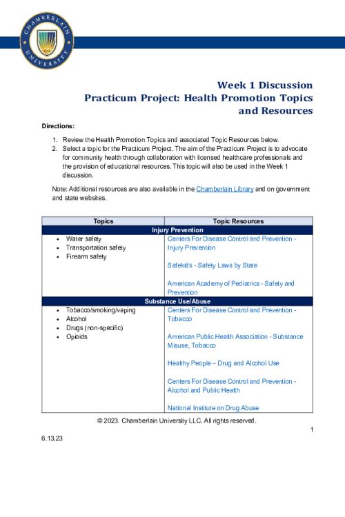 NR 436 Week 1 Discussion; Practicum Project; Health Promotion Topic and Resources