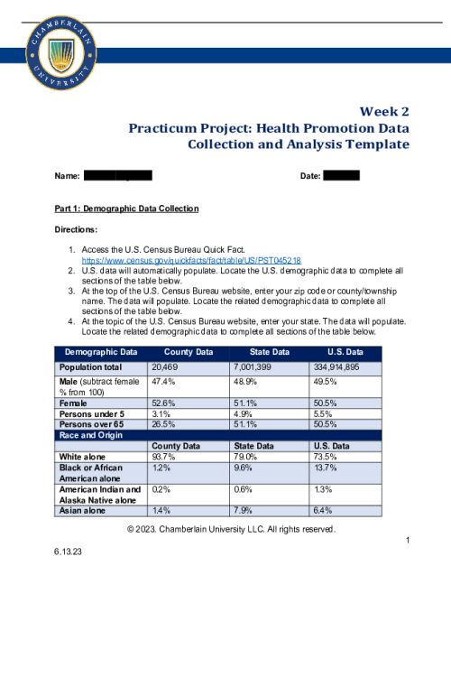 NR 436 Week 2 Assignment; Practicum Project; Health Promotion Data Collection and Analysis Template
