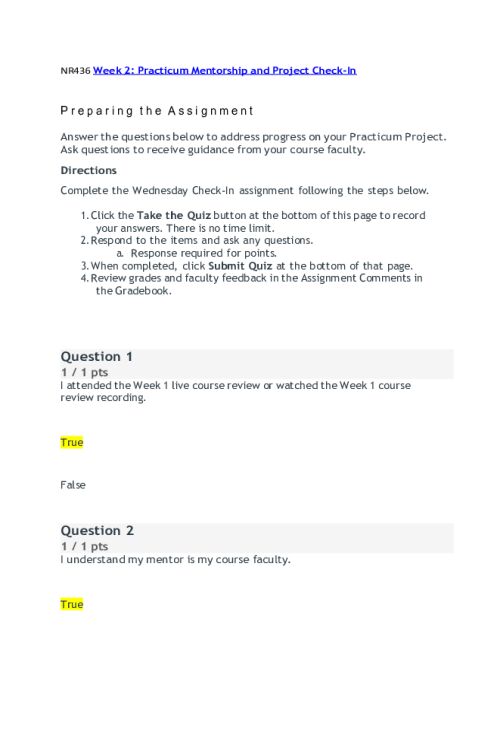 NR 436 Week 2 Check-in; Practicum Mentorship and Project Check-In