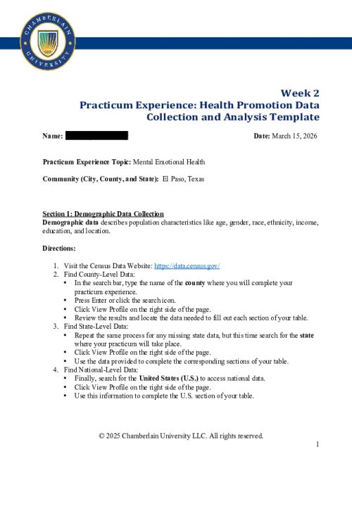 NR 436 Week 2 Practicum Experience; Health Promotion Data Collection and Analysis