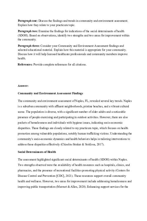 NR 436 Week 3 Discussion; Practicum Project; Community and Environment Assessment - Naples, FL