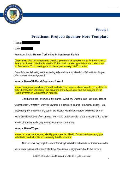 NR 436 Week 4 Assignment; Practicum Project; Health Promotion Planning - Speaker Note Template.