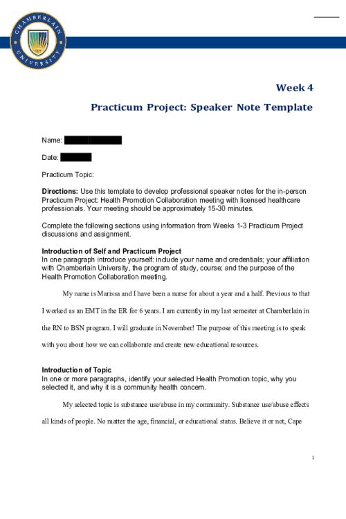 NR 436 Week 4 Assignment; Practicum Project; Health Promotion Planning - Speaker Note Template
