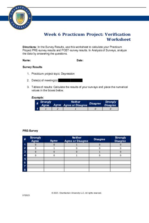 NR 436 Week 6 Assignment; Practicum Project; Verification Worksheet