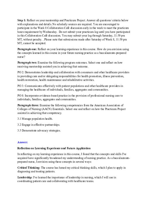 NR 436 Week 8 Collaboration Café - Practicum Project; Evaluation of Mentorship and Project