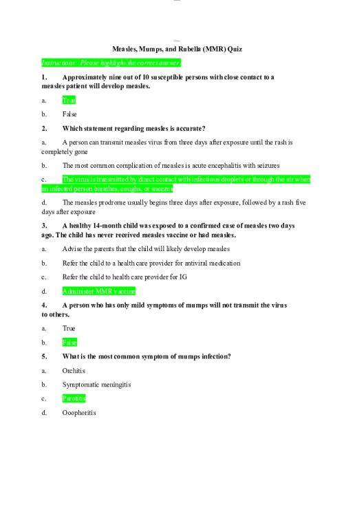 NR 442 Week 3 Measles, Mumps, and Rubella (MMR) Quiz
