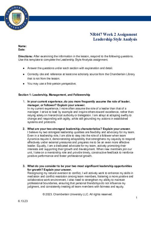 NR 447 Week 2 Assignment; Leadership Style Analysis..