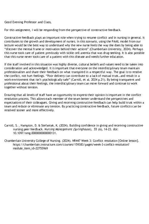 NR 447 Week 3 Discussion; Conflict Resolution