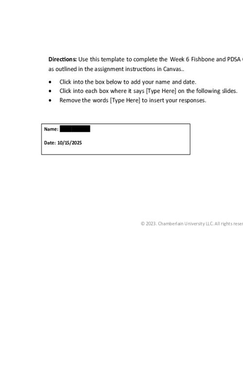 NR 447 Week 6 Assignment; Fishbone and PDSA Quality Improvement Assignment Template