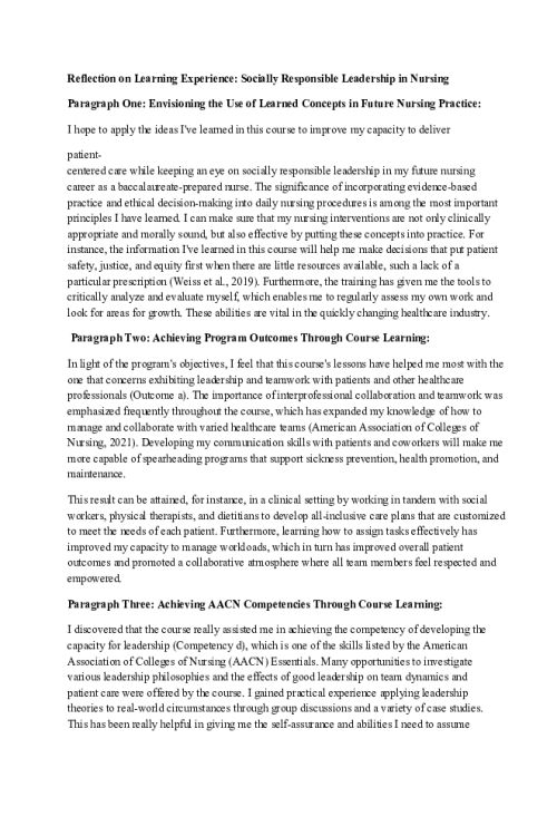 NR 447 Week 8 Reflection on Learning Experience; Socially Responsible Leadership in Nursing