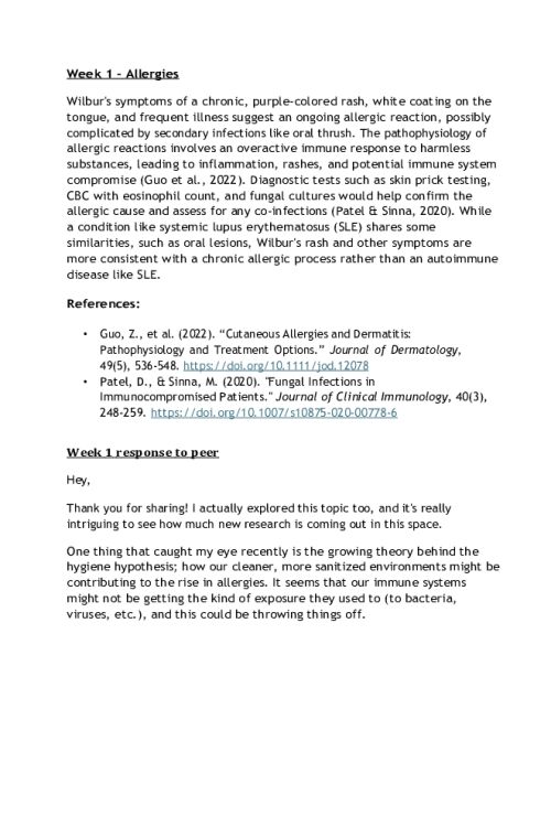 NR 507 Week 1 Discussion; Immunity; Hypersensitivity-Immunodeficiency