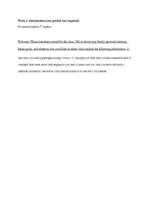 NR 507 Week 1 Discussion; Introductions (not graded, but required) & Summary