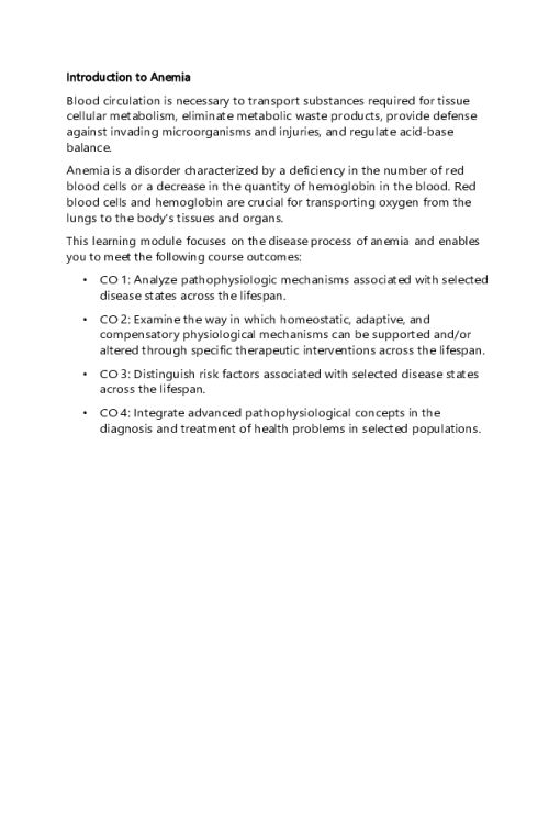 NR 507 Week 1 Edapt; Introduction to Anemia.