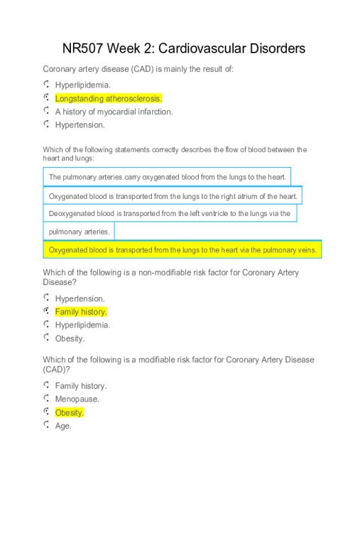 NR 507 Week 2 Assignment; Cardiovascular Disorders