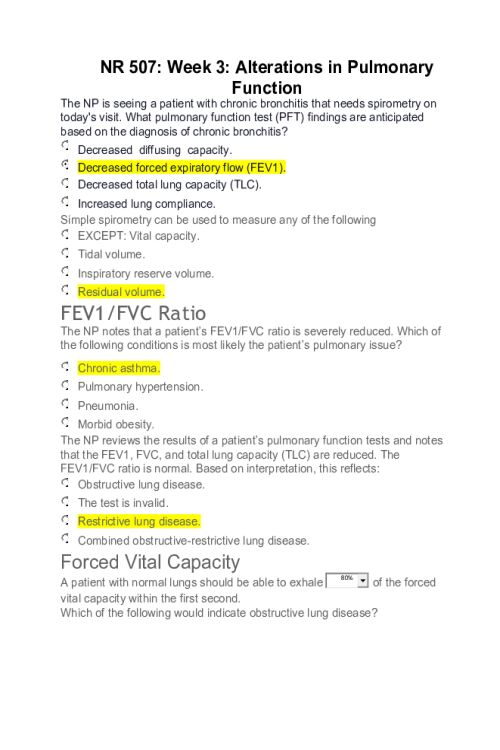NR 507 Week 3 Assignment; Alterations in Pulmonary Function