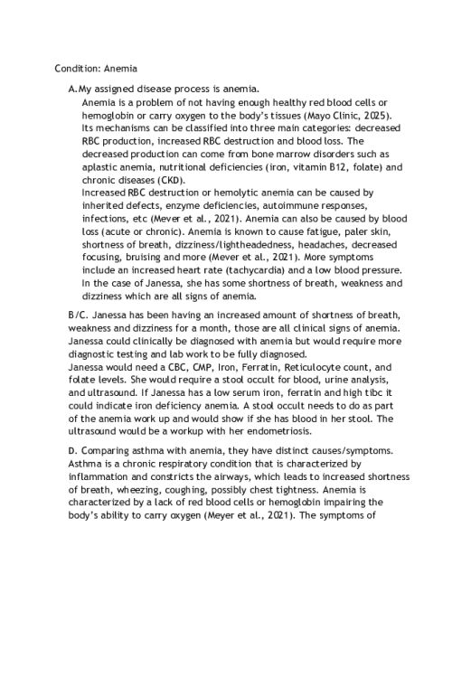NR 507 Week 3 Discussion; Anemia and Its Implications