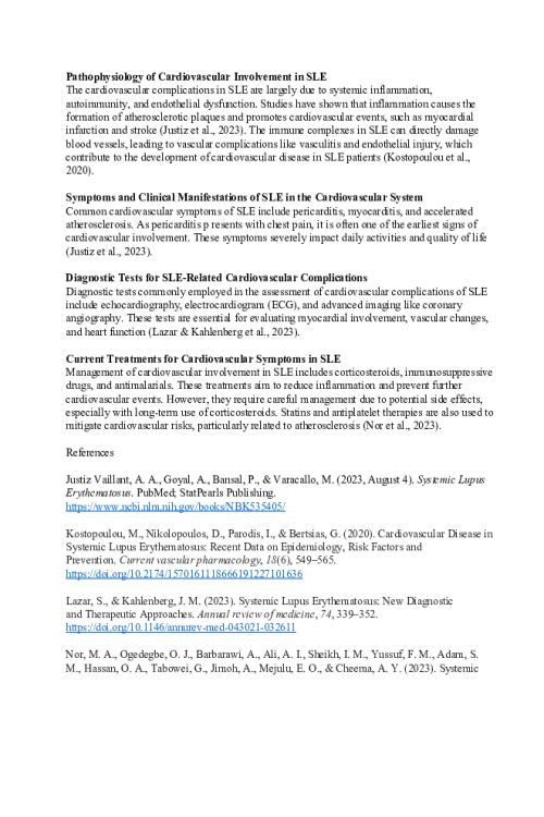 NR 507 Week 4 Collaboration Cafe; Cardiovascular Involvement in SLE Pathophysiology