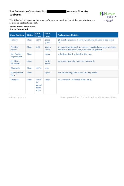NR 509 Week 2 i-Human Virtual Patient Encounter Practice Case and Self-Assessment Attempt 3790357 - Marvin Webster