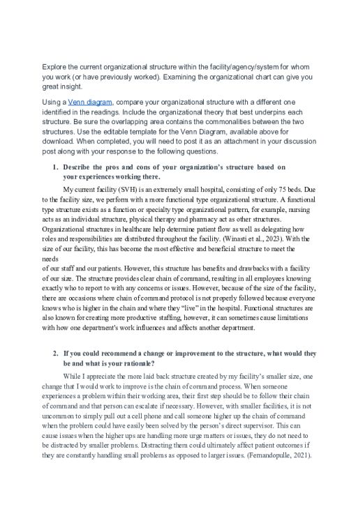 NR 531 Week 1 Discussion; Organizational Structures and Theory.