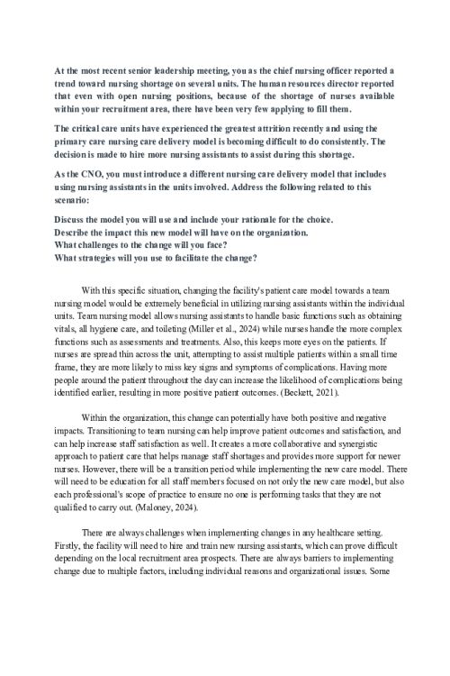 NR 531 Week 2 Discussion; Nurse Administrator Role in Nursing Care Delivery Models and Systems.