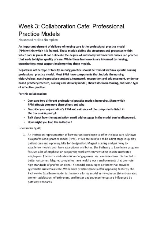 NR 531 Week 3 Collaboration Cafe; Professional Practice Models
