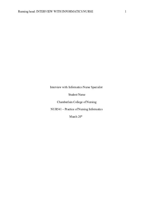 NR 541 Week 2 Assignment; Interview with NI Practitioner (Nurse Specialist)
