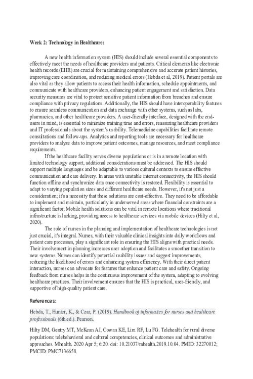 NR 541 Week 2 Discussion; NI Functional Areas, Competencies, and Supporting Sciences - Technology in Healthcare Systems.