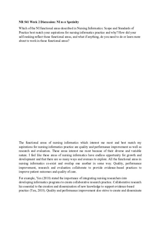 NR 541 Week 2 Discussion; NI Functional Areas,Competencies, and Supporting Sciences - Quality and performance improvement