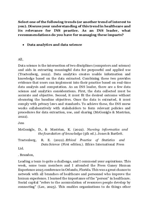NR 541 Week 5 Discussion; Trends in healthcare - Data analytics and data science.