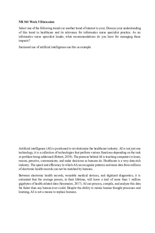 NR 541 Week 5 Discussion; Trends in healthcare - Increased use of artificial intelligence.