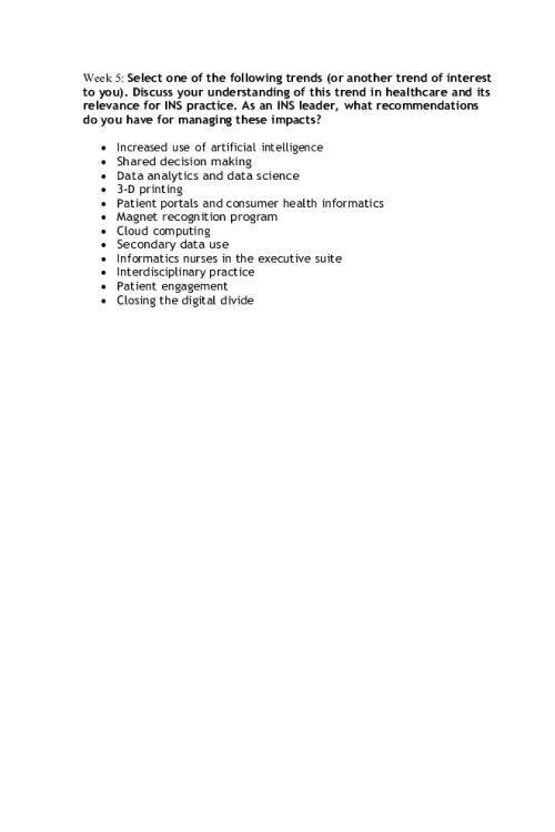 NR 541 Week 5 Discussion; Trends in healthcare - Patient engagement