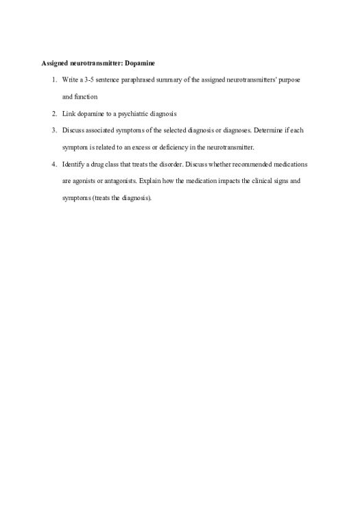 NR 546 Week 2 Discussion; Dopamine..