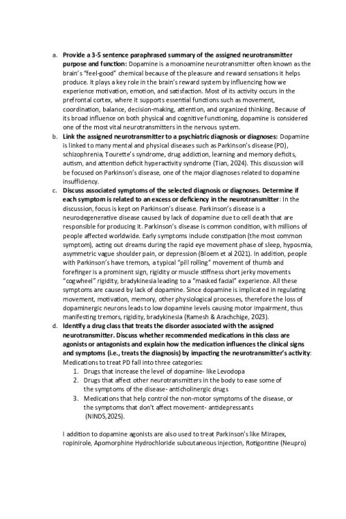 NR 546 Week 2 Discussion; The Role of Dopamine in Parkinson s Disease