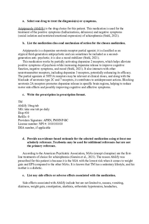 NR 546 Week 3 Case Study Discussion; Aripiprazole Treatment Plan for Schizophrenia
