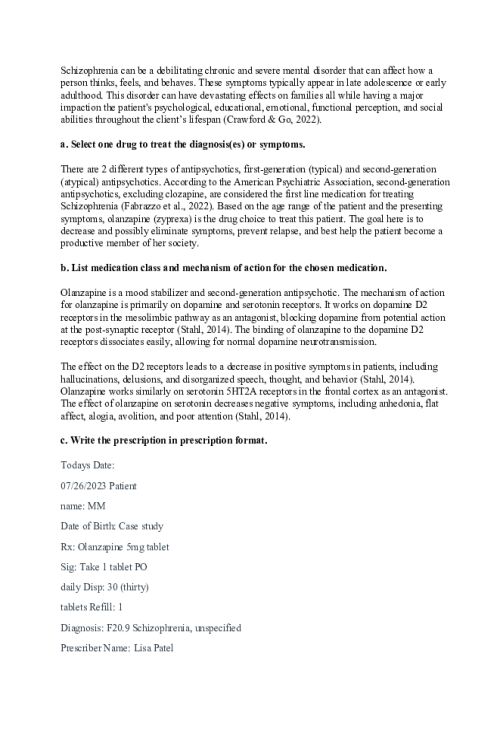 NR 546 Week 3 Case Study Discussion; Olanzapine for treating Schizophrenia
