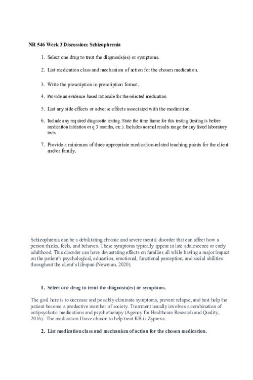 NR 546 Week 3 Case Study Discussion; Zyprexa for Treating Schizophrenia