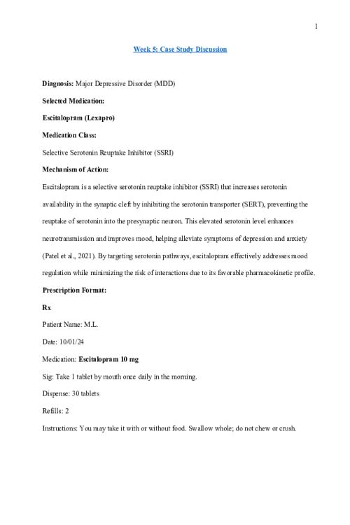 NR 546 Week 5 Case Study Discussion; Escitalopram (Lexapro) for Major Depressive Disorder (MDD)