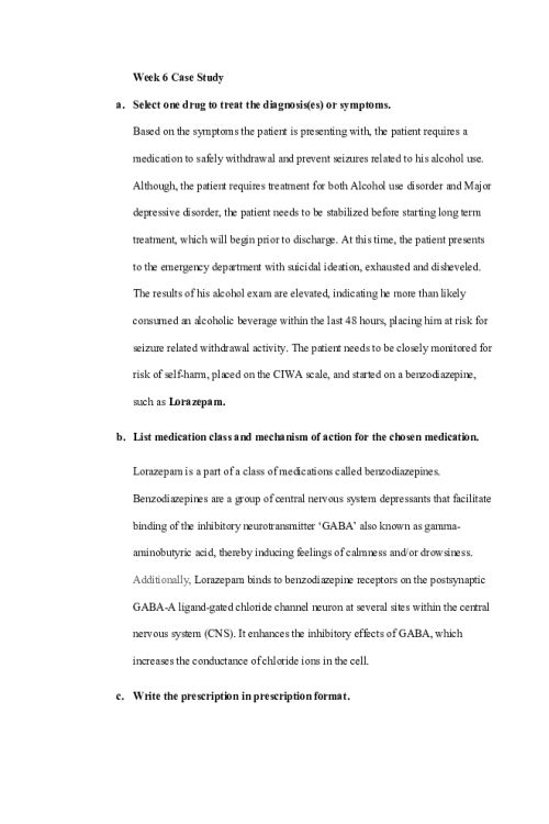 NR 546 Week 5 Case Study Discussion; Lorazepam for Alcohol use Disorder and Major Depressive Disorder