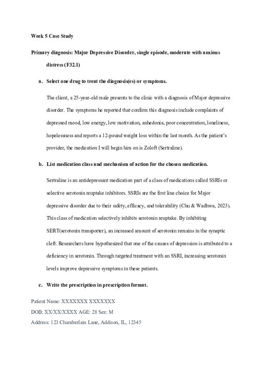 NR 546 Week 5 Case Study Discussion; Major Depressive Disorder - Zoloft (Sertraline)