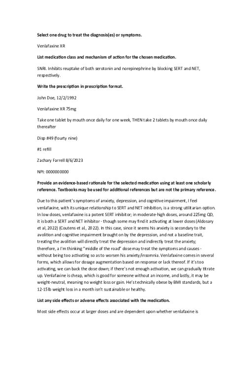 NR 546 Week 5 Case Study Discussion; Venlafaxine XR for Anxiety, Depression, and Cognitive Impairment