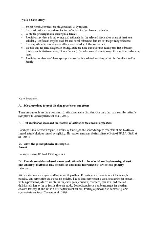 NR 546 Week 6 Case Study Discussion; Chosen Drug - Lorazepam