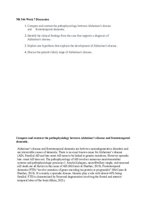 NR 546 Week 7 Case Study Discussion; Alzheimer s Disease