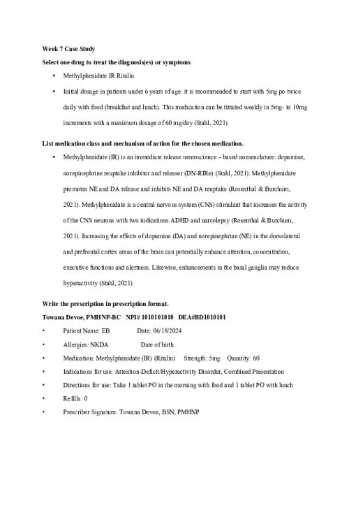 NR 546 Week 7 Case Study Discussion; Methylphenidate IR Ritalin