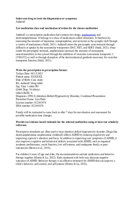 NR 546 Week 7 Case Study Discussion; Selected Drug - Adderall