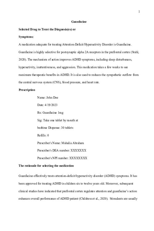 NR 546 Week 7 Case Study Discussion; Selected Drug - Guanfacine