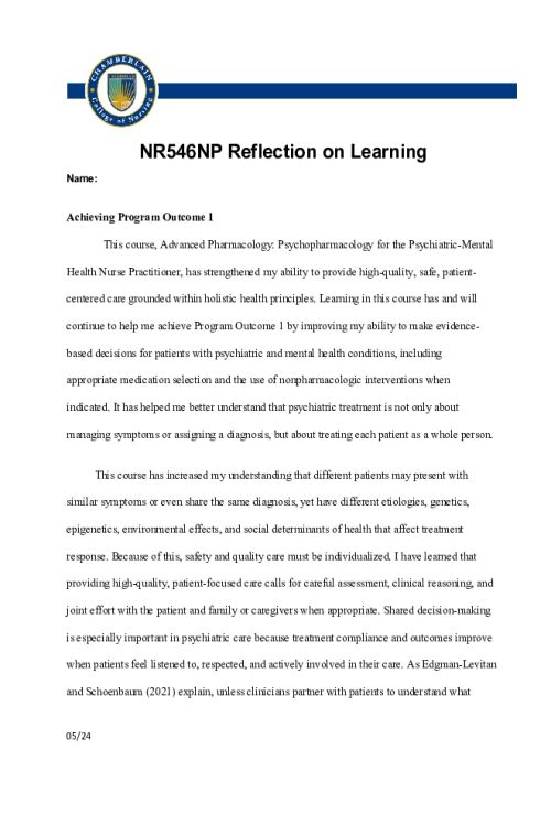NR 546 Week 8 Assignment; Course Reflection...