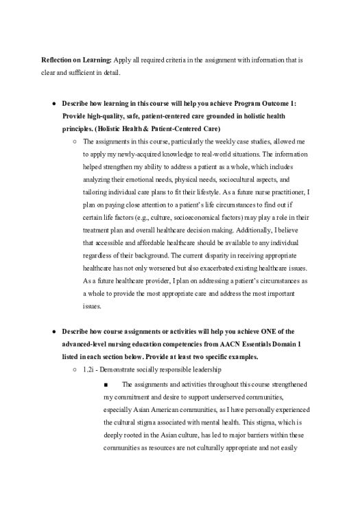 NR 546 Week 8 Assignment; Reflection on Learning.