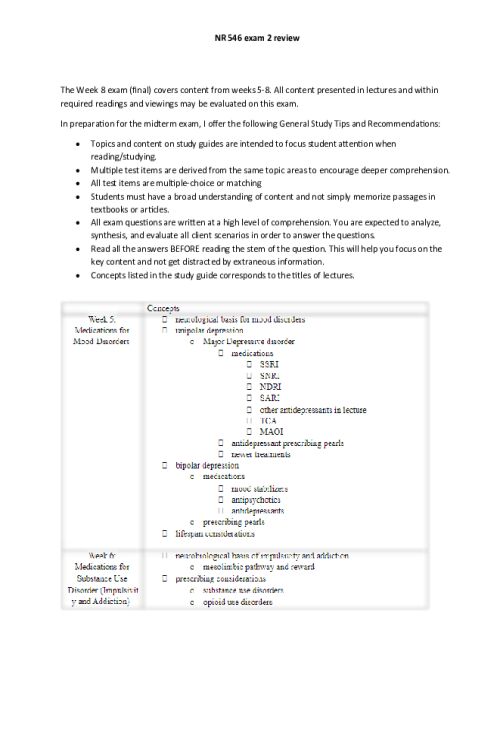 NR 546 Week 8 Final Exam Study Guide (content from weeks 5-8)