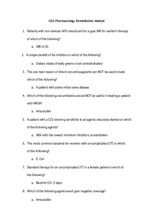 NR 547 Week 1 Exam; CEA Pharmacology Remediation Module