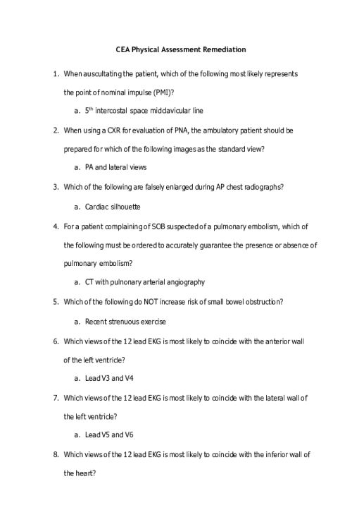 NR 547 Week 1 Exam; CEA Physical Assessment Remediation